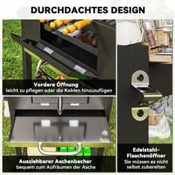 Outsunny-Holzkohlegrill-Edelstahl, Kiefernholz-112L x 58B x 107H cm-Schwarz — thumbnail 4