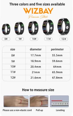 WizBay Premium Select® Smart Ring Color LED Zwart - Maat 12 - Hartslag Slaap Zuurstof - Gesture - Multi Sport Modi — thumbnail 2