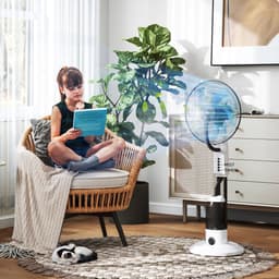 TEKROA® Statiefventilator - Mistventilator - Vernevelingsventilator met 2800 ml Watertank en 3 Snelheden - Stille Ventilator - Geschikt voor keukens, woonkamers en slaapkamers - Horizontale + verticale oscillatie - Wit — thumbnail 2