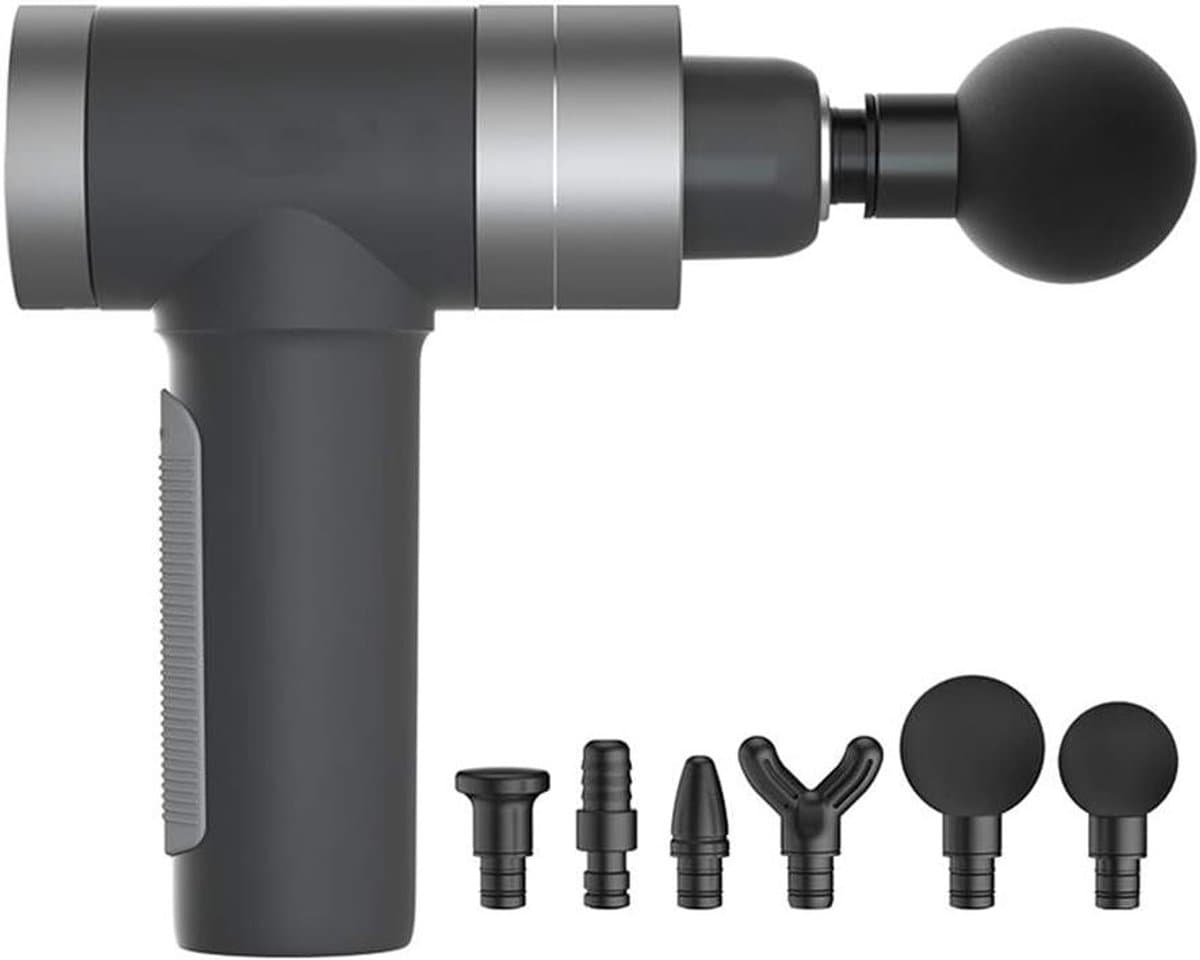 Massage Gun - Spierstimulator Lichaam - Spierherstel Na Sport - 5 Snelheden LCD - 6 Opzetstukken - Grijs — afbeelding 1