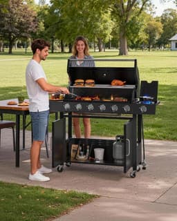 Propaanbarbecue met 6 hoofdbranders en 1 roestvrijstalen zijbrander – barbecuewagen van 60.000 BTU – voorzien van warmhoudrek, onderkast en 2 zwenkwielen met rem – geschikt voor in de tuin, op het terras en op de camping — thumbnail 5