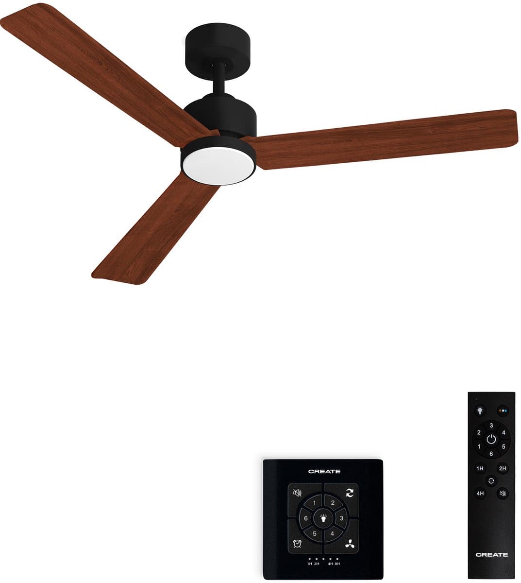 CREATE - Stille plafondventilator 40W met licht - Zwart / Donker hout - Ø132cm - Controller voor wandmontage + afstandsbediening - WIND MODERN — afbeelding 1