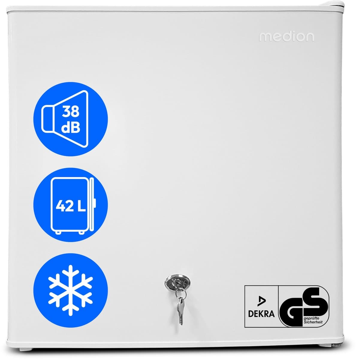 MEDION Mini koelkast met slot en vriesvak 42 L, stille kleine koelkast voor kantoor hotel minibar camping gaming, drank voedsel ijs, deur omkeerbaar, MD 370001 wit — afbeelding 1