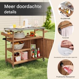 Buitenkeuken op Wielen – BBQ Trolley – Met Opbergkast & Planken – Werktafel voor Buiten – Hout & Metaal – Multifunctioneel – Koffie + Zilver — thumbnail 5
