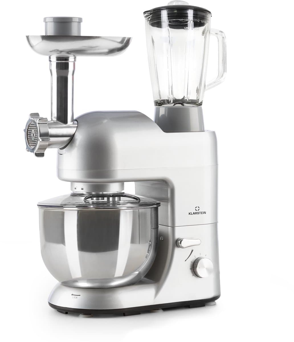 Klarstein Blender Knetmaschine keukenmachine met Fleischwolf, 2000W Teigmaschine klein, 6 standen, Schneebesen - & Knethaken, planetair , roermachine met Mixer, keukenmachines met 5L kom - 1800W 5,2L - voor Keuken - RVS - Standmixer — afbeelding 1