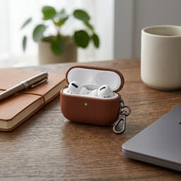 Luxe geribd hoesje voor oordopjes – Vertical Stripe design met sleutelhaak, geschikt voor AirPods Pro 3 (Bruin) — thumbnail 3