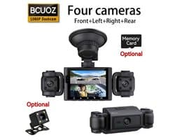 360° vierkanaals dashcam - Uitgerust met een 1080p-camera aan de voorzijde en 480p-camera's aan de achterzijde, met ondersteuning voor nachtzicht, breed dynamisch bereik, 6,1-inch IPS-scherm, loopopname, G-sensor en 24-uurs parkeerbewaking.