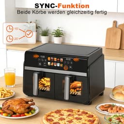 NETTLIFE Dubbele Kamer Heißluftfritteuse 10L (5+5L) – Dual Zone Airfryer met Venster – SYNC & DUAL Functie – 2200W Touchscreen – 24h Timer – Vaatwasserbestendig – Zwart — thumbnail 5