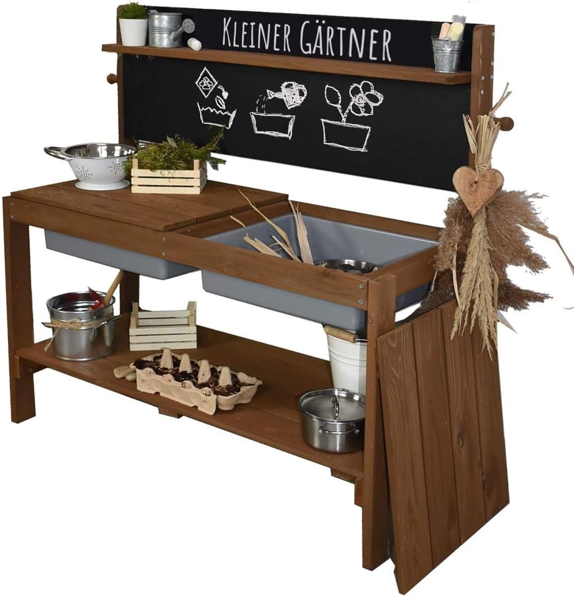 Modderkeuken voor kleine tuinders - Houten buitenkeuken met krijtbord en uitneembare speelbakken — afbeelding 1