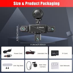 Dashcam voor auto - Zwart - 3,16 inch IPS-display - 5 Camera's met Nachtzicht en 64 GB SD-kaart - Voor Particuliere Chauffeurs — thumbnail 5