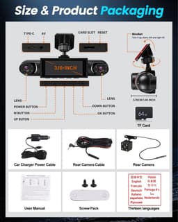 Dashcam voor auto - Zwart - 3,16 inch scherm - 4-kanaals 1080P en 480P camera's - 360° opname en parkeerbewaking — thumbnail 5