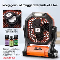 Best Active Mini Ventilator - Oplaadbare Tafelventilator - Stille Mini Fan met Ophanghaak - Handventilator - Klein, Stil & Geruisloos - 4 Snelheden & Verlichting - 7800 mAh & Powerbank functie - Zwart/Oranje — thumbnail 2