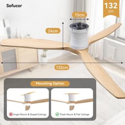 Plafondventilator met Licht - Ventilator met Lamp - Comfort in Huis - Stille DC Motor - 132cm - Wit Hout — thumbnail 4