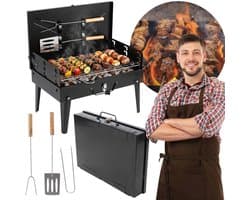 Opvouwbare toeristengrill/kampeer barbecue met vork en spatel, koffer 43x26,5x46,5 cm