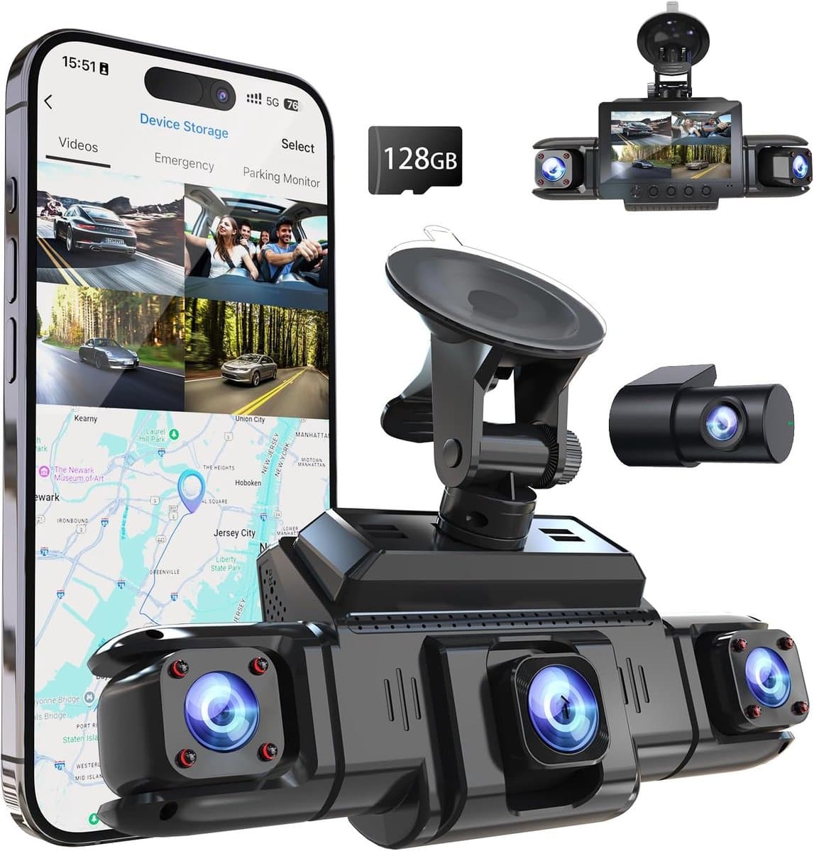 SnelShoppen - 4-Kanaals Dashcam voor Auto met 360 Graden Front- en Achtercamera, GPS, 5G Band Wifi, Nachtzicht, WDR, 24-Uurs Parkeermodus en 128GB Kaa — afbeelding 1