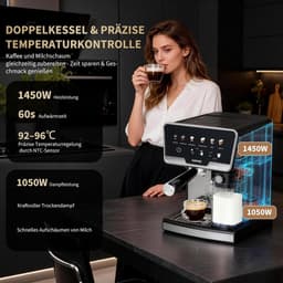 Professionele Espressomachine met Automatische Melkopschuimer - 20 Bar Pistonmachine met Dubbel Verwarmingssysteem - 1450W Koffiezetapparaat voor Cappuccino & Latte - 2L Watertank & Zelfreinigend - RVS / Zwart — thumbnail 3