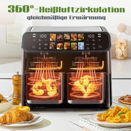 Heteluchtfriteuse Dubbele Kamer - Airfryer XXL - Gezond Koken - Twee Aparte Manden - 9 Liter Totaal - Zwart — thumbnail 2