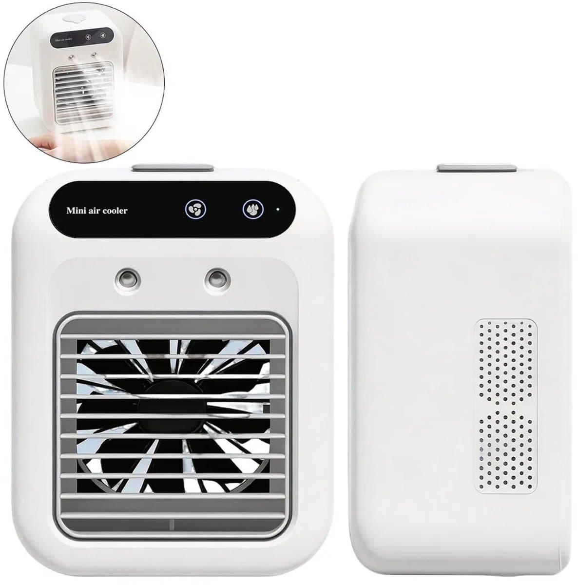 Deze draagbare mini-airconditioner is Geschikt voorzien van een stille 25W-koelventilator, USB-oplaadmogelijkheid en een compact formaat. waardoor hij ideaal is Geschikt voor kantoren, reizen en kamperen. — afbeelding 1