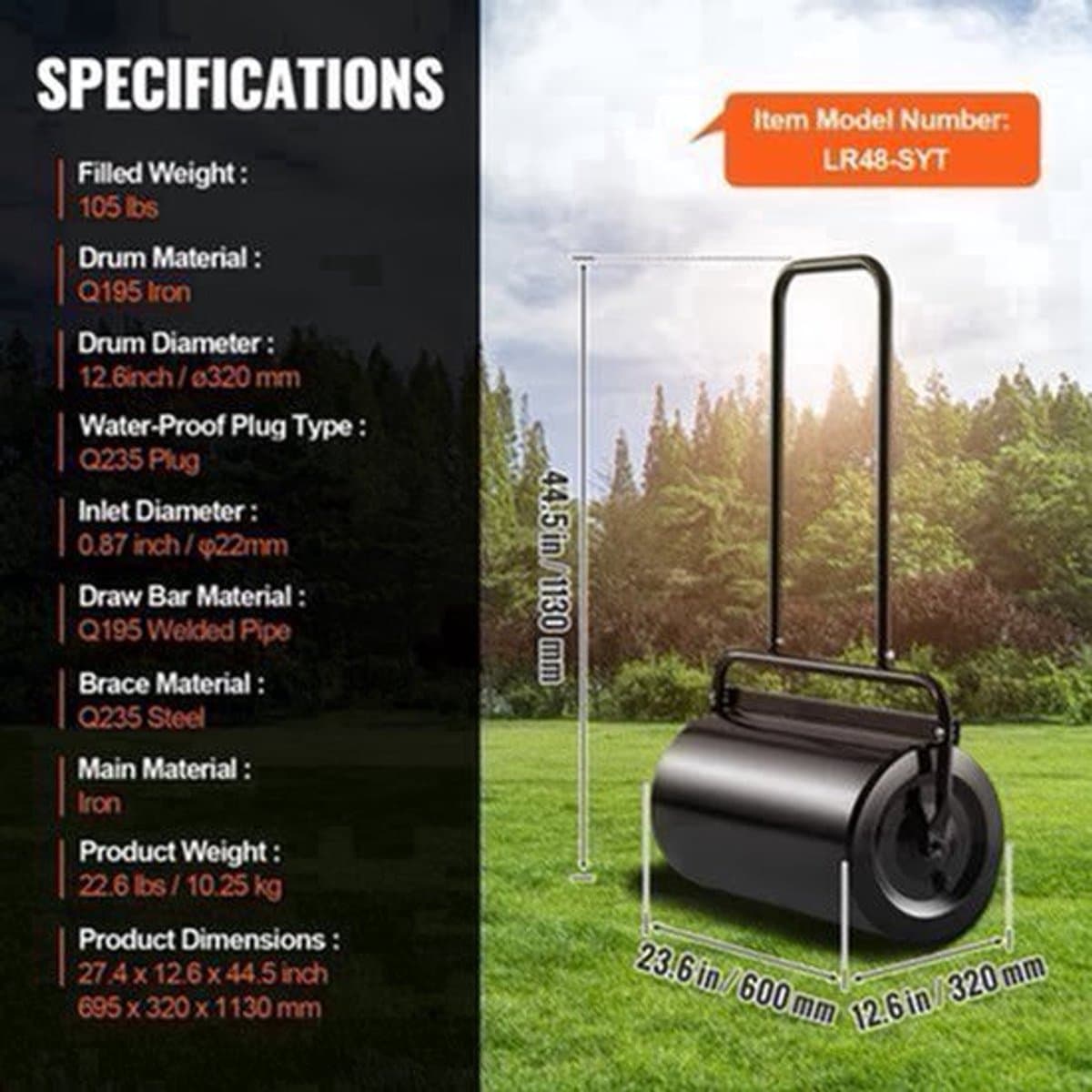 Grondwals – Gazonwals – Graswals – Tuinwals – Gazonroller – 60,96 cm Breedte – Zware Stalen Constructie – 49,21 L Vulcapaciteit – Ergonomisch Handvat – Makkelijk Vullen en Legen — afbeelding 1