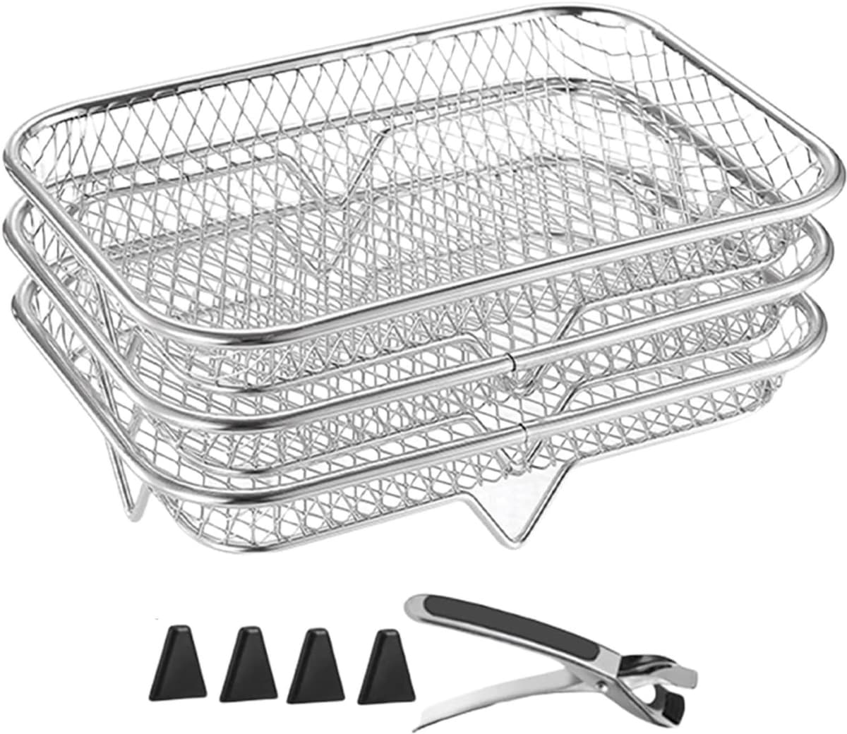 Airfryer Rack - Airfryer Mand | Trays | Racks voor du-al lade | 3x stapelbare grillmand roestvrij staal | Keukenstandaard voor stoomoven | Inclusief grijperclip — afbeelding 1