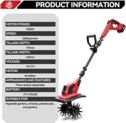 Elektrische Rototiller Cultivator - 2500 W Vermogen - 24 cm Maaibreedte - 17 cm Teelt Diepte - Voor Kleine Tuinen En Bloembedden — thumbnail 5