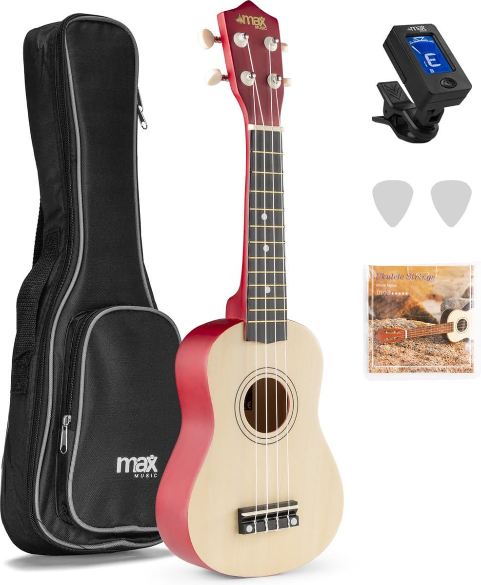 Ukelele set - MAX UKEY - 21 inch Ukulele van hout - Kindergitaar en gitaar voor volwassenen - incl. Ukelele tas, plectrums en stemapparaat - Naturel — afbeelding 1