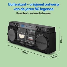 MEDION P66538 Cassetterecorder (retro boombox met cd-speler, jaren 80, groot, USB, SD, cd, cassette MC, DAB+ radio telescopische antenne, Bluetooth, cassettedeck, opnamefunctie, werkt op batterijen) — thumbnail 3
