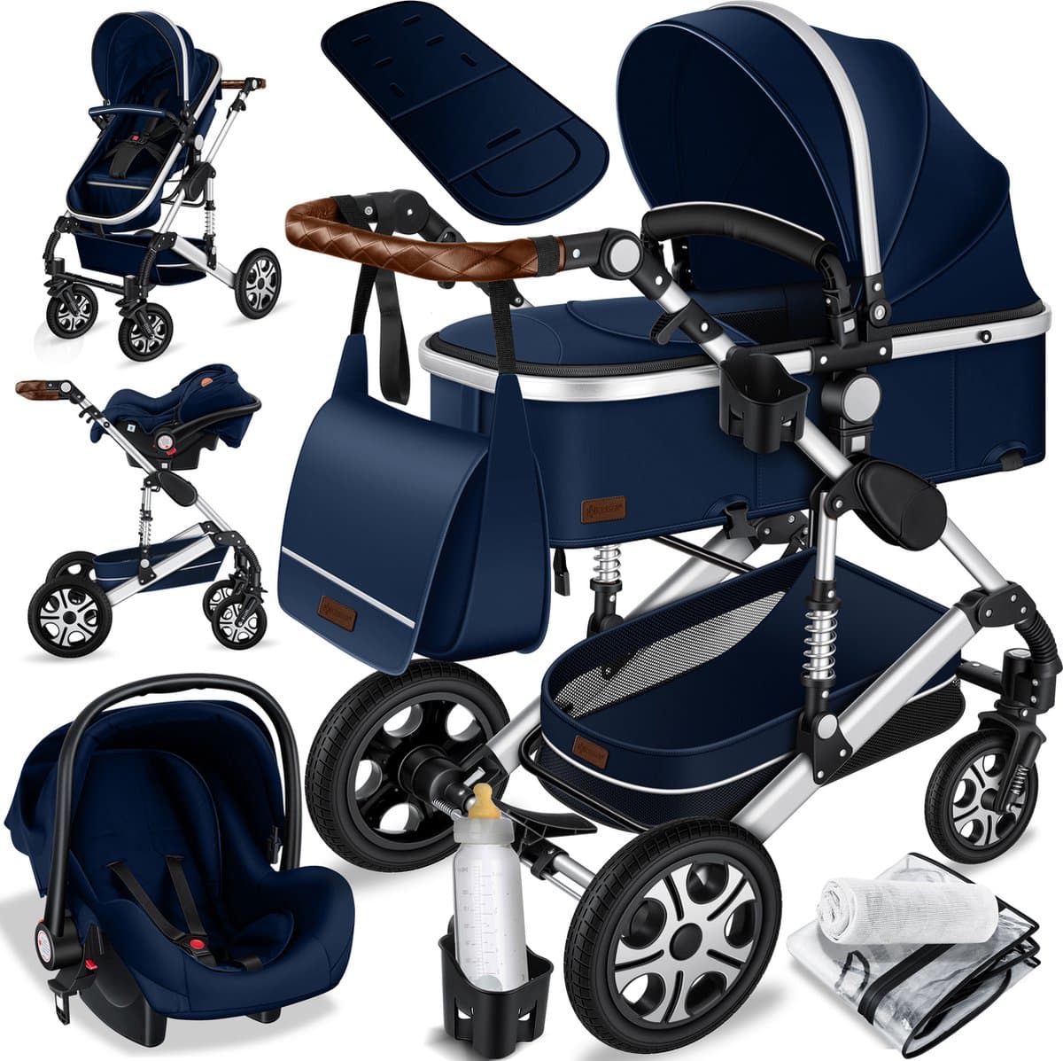 KESSER® Kinderwagen 3 in 1 Loops Wandelwagen Set incl. Autostoel & Reiswieg & Buggy Sportzitje - Massieve Rubberbanden - Luiertas / Regenhoes - Blauw / Zilver — afbeelding 1