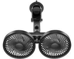 Ulisem - Voorbankventilator - Met zuignap beugel - 3600mAh oplaadbaar - 3 snelheden - Dubbel 5.7 inch kop - 360° roteerbaar - Led display - Stille motor - Voor auto en reizen - Zwart
