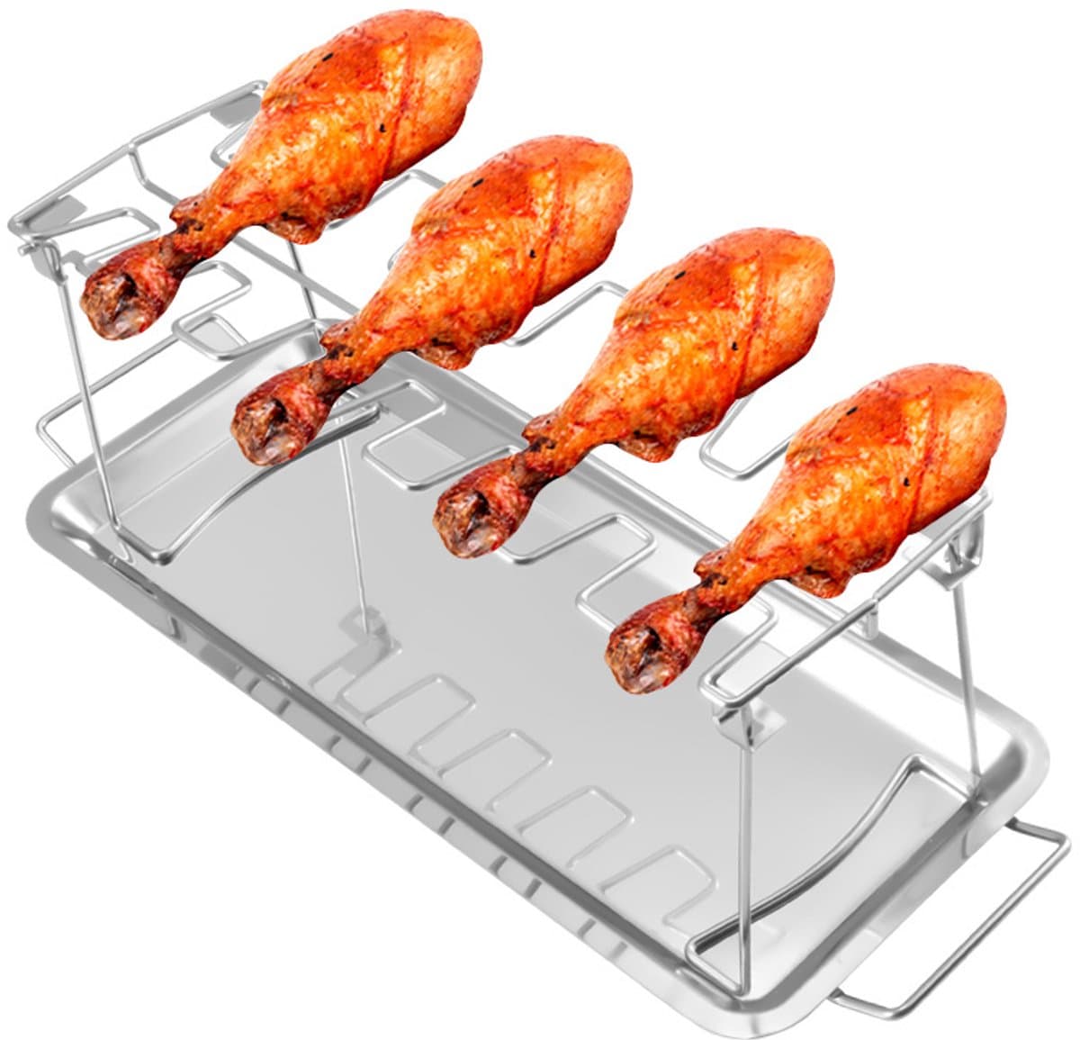 Roestvrijstalen kippenpootrek – bbq accesoires - Opvouwbaar braadrek met 14 sleuven – BBQ-grillstandaard met lekbak – Vleesbraadhouder – BBQ-accessoire voor buiten — afbeelding 1