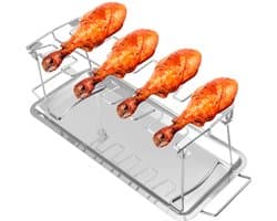Roestvrijstalen kippenpootrek – bbq accesoires - Opvouwbaar braadrek met 14 sleuven – BBQ-grillstandaard met lekbak – Vleesbraadhouder – BBQ-accessoire voor buiten