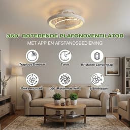 Rosnek Plafondventilator met Verlichting - 360° Roterende Luchtstroom - Stille Motor - App & Afstandsbediening - Dimbare LED - Kristallen Lampenkap - Plafondlamp met Ventilator Ø49cm — thumbnail 5