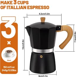 150ml 3-Kops Aluminium Moka Pot Fornuis Espressomachine - Klassiek Italiaans Design voor Italiaanse & Cubaanse Koffie, Geschikt voor Thuis & Kamperen - zwart — thumbnail 4