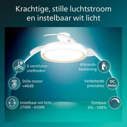 Philips Bliss Plafondventilator met ingebouwde LED-lamp - 3 Intrekbare bladen, diameter: 106cm - 4500 Lumen - Instelbaar wit licht van 2700K tot 6500K - Dimbaar tot 5% - Afstandsbediening - Wit met goud — thumbnail 5
