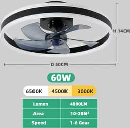 Ventilator Lamp - Plafondventilator - Smart Lamp - Dimbaar - 6 Speed - Zwart - Keuken Lamp - Woonkamerlamp - Moderne lamp — thumbnail 5