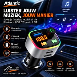 Bluetooth Atlantic FM-transmitter voor auto met handsfree bellen, USB-C PD 18W snelladen, USB-A, EQ/bass en LED-sfeerverlichting. — thumbnail 3
