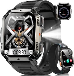 Tactisch Militair Sporthorloge voor Heren – Robuust Horloge met 100 Dagen Batterijduur – Kompas en Zaklamp – Geschikt voor An Android en iOS – met 2,01-inch HD-scherm – AI-Spraakbediening en IP68-Waterbestendigheid - Zwart — thumbnail 1