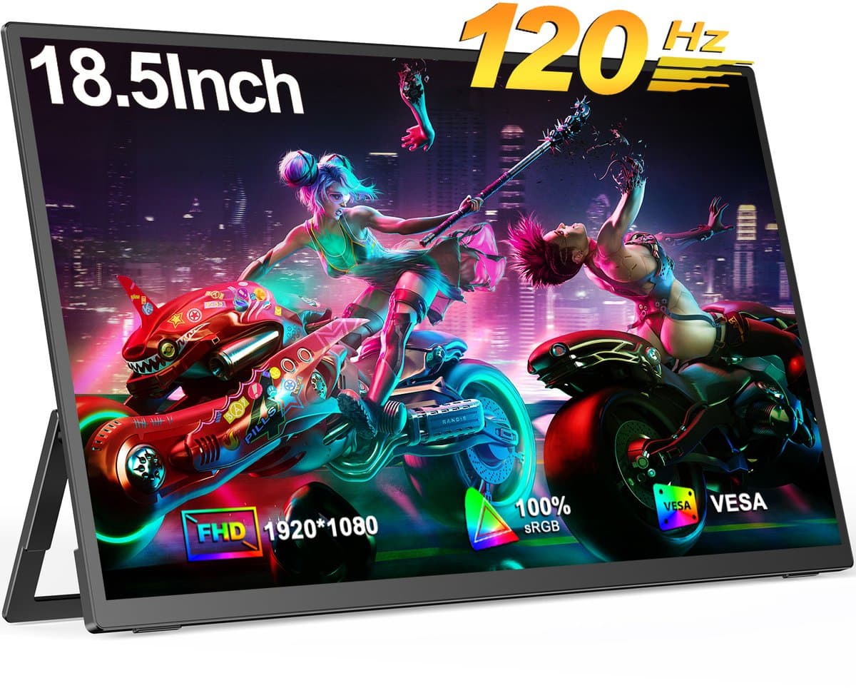 UPERFECT Draagbare monitor 18,5 inch, 120 Hz, 1920x1080 FHD IPS, USB-C- & Mini-HDMI-poort, 1200:1 tweede scherm met geïntegreerde standaard voor laptop/telefoon/spelconsole, VESA-montage mogelijk — afbeelding 1