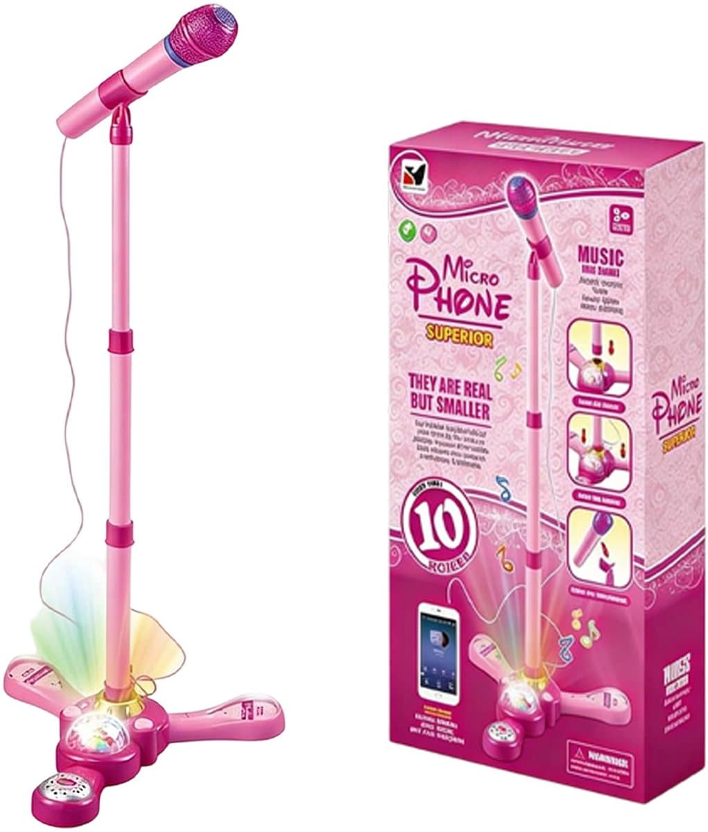 Roze Karaokemicrofoon voor Kinderen - Verstelbare Standaard 40-90 cm - Roterende Lichtbal - 10 Geluidseffecten - Voor Smartphone & MP3 - Vanaf 3 Jaar — afbeelding 1