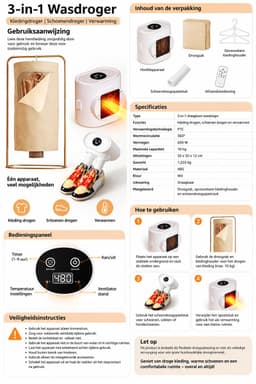 Wasdroger 3-in-1 – Draagbare Kledingdroger en Schoenendroger – 600W PTC Verwarming – 10 kg – Wit — thumbnail 2