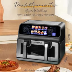 Heteluchtfriteuse – Dubbele Kamer 9 Liter – 2200 Watt – ABS en PC – Zwart – Kijkvenster en Aanraakbediening — thumbnail 5