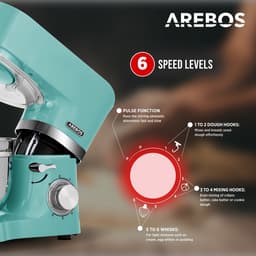 AREBOS Keukenmachine - 1500W - Keukenrobot - 5,5L&4,5L - Keukenmixer - Foodprocessor - Roestvrij Stalen Mengkom - 6 Snelheden - Turquoise — thumbnail 5
