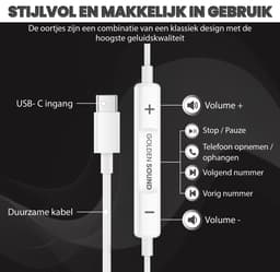 Golden Sound bedrade oordopjes - Oordopjes met draad en microfoon - USB-C aansluiting — thumbnail 2