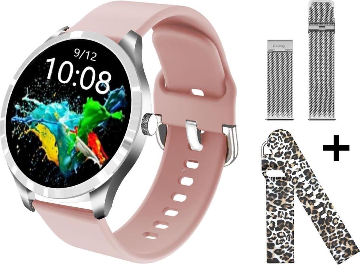 Belesy® BQSiRgPk Pro - Smartwatch Dames – Smartwatch Heren - Horloge - 1.28 inch - Kleurenscherm - Stappenteller - Bloeddruk - Hartslag - 75+ Wijzerplaten – Zilver – Siliconen – Roze – extra polsband Milanees Zilver en Panterprint - Kerstcadeau — afbeelding 1