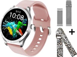 Belesy® BQSiRgPk Pro - Smartwatch Dames – Smartwatch Heren - Horloge - 1.28 inch - Kleurenscherm - Stappenteller - Bloeddruk - Hartslag - 75+ Wijzerplaten – Zilver – Siliconen – Roze – extra polsband Milanees Zilver en Panterprint - Kerstcadeau — thumbnail 1