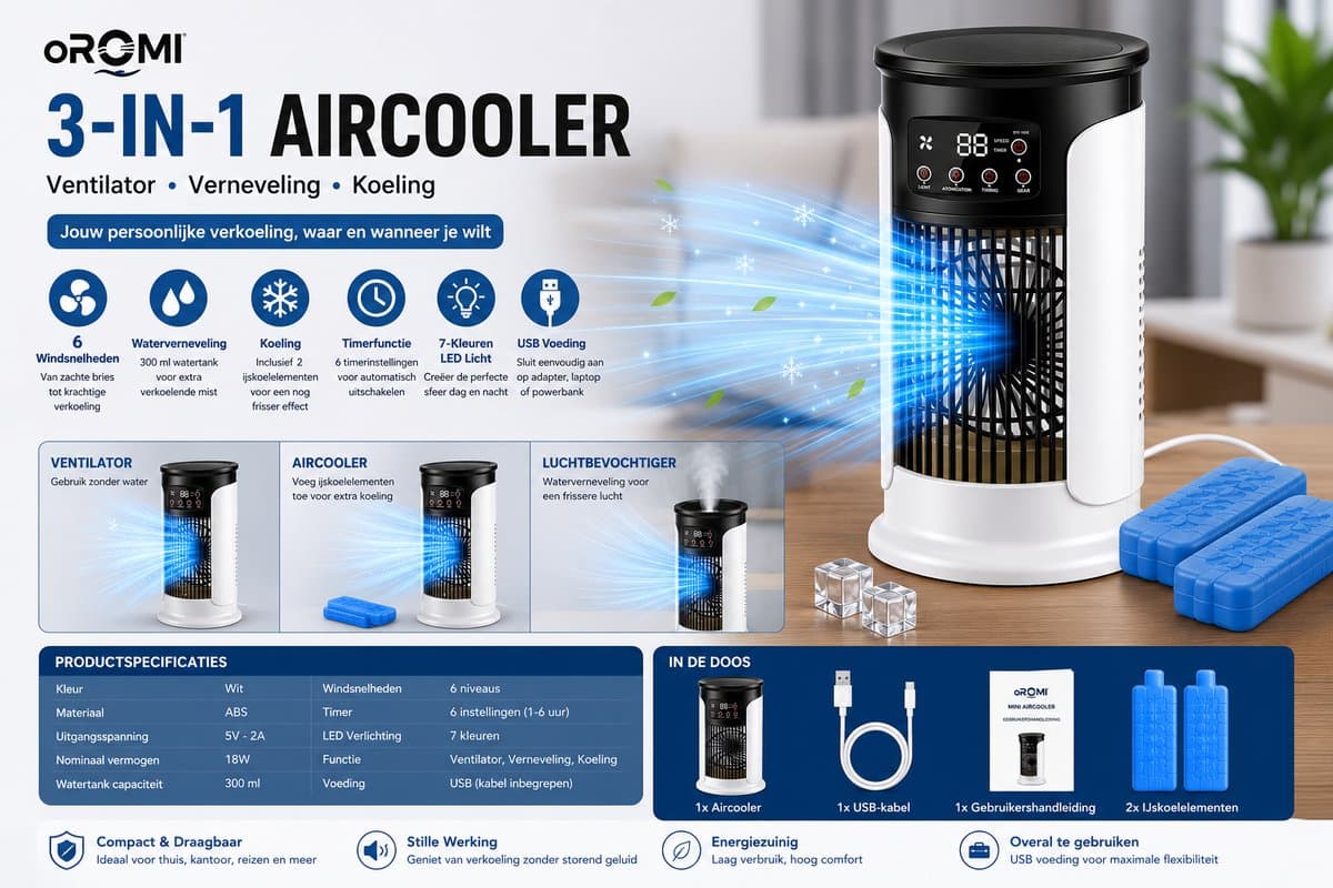 oROMI Aircooler met Waterverneveling – 6 Snelheden – 300 ml Watertank – 7 Kleuren LED – Timer – USB Tafelventilator met 2 Koelelementen — afbeelding 1