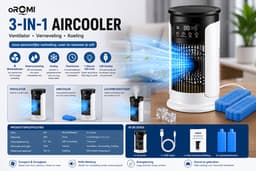oROMI Aircooler met Waterverneveling – 6 Snelheden – 300 ml Watertank – 7 Kleuren LED – Timer – USB Tafelventilator met 2 Koelelementen — thumbnail 1