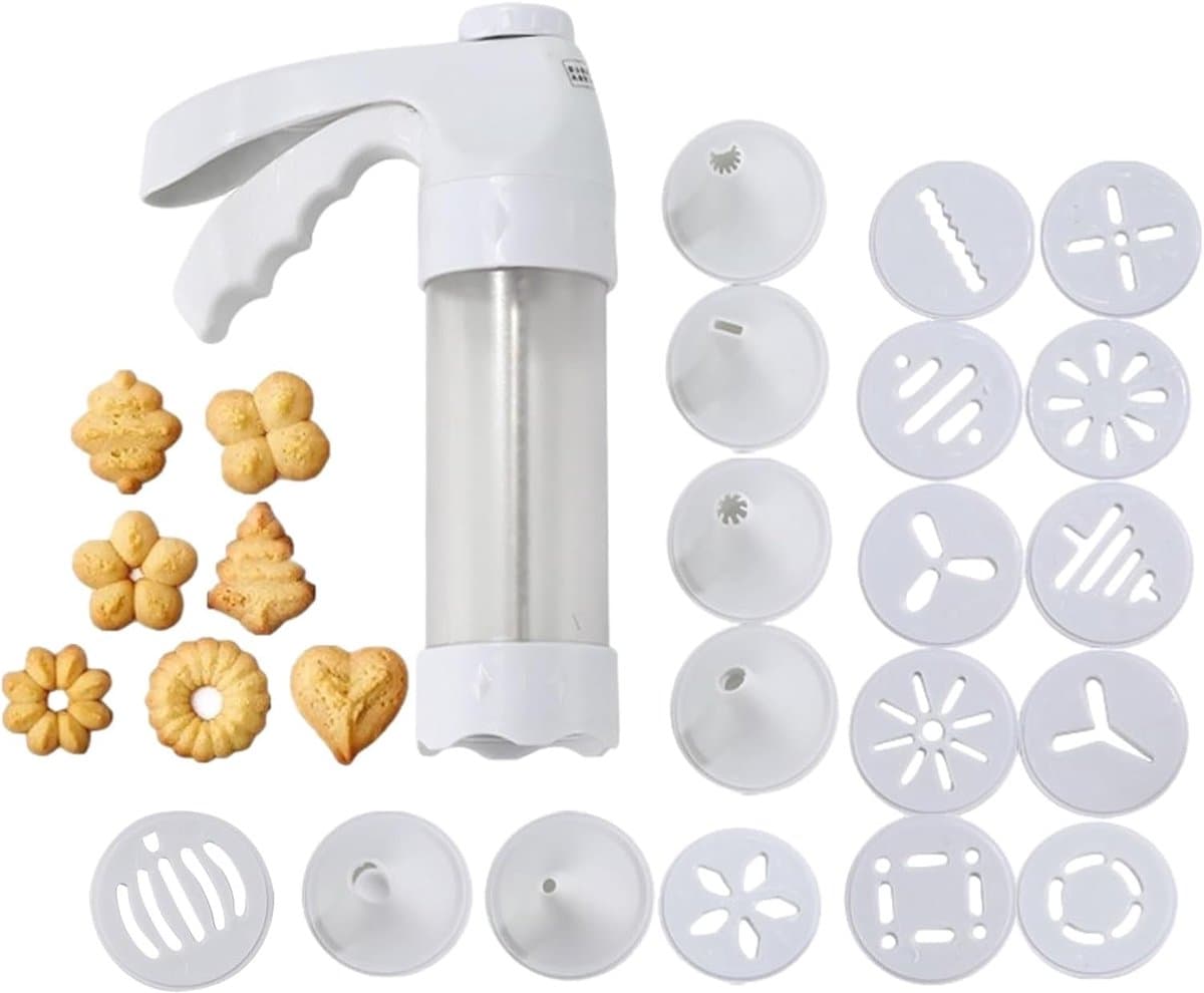 Koekjespers - Koekjespistool Deegspuit - Zelfgebak Gebak Maken - 12 Schijven 6 Mondstukken - 22 cm - Wit — afbeelding 1
