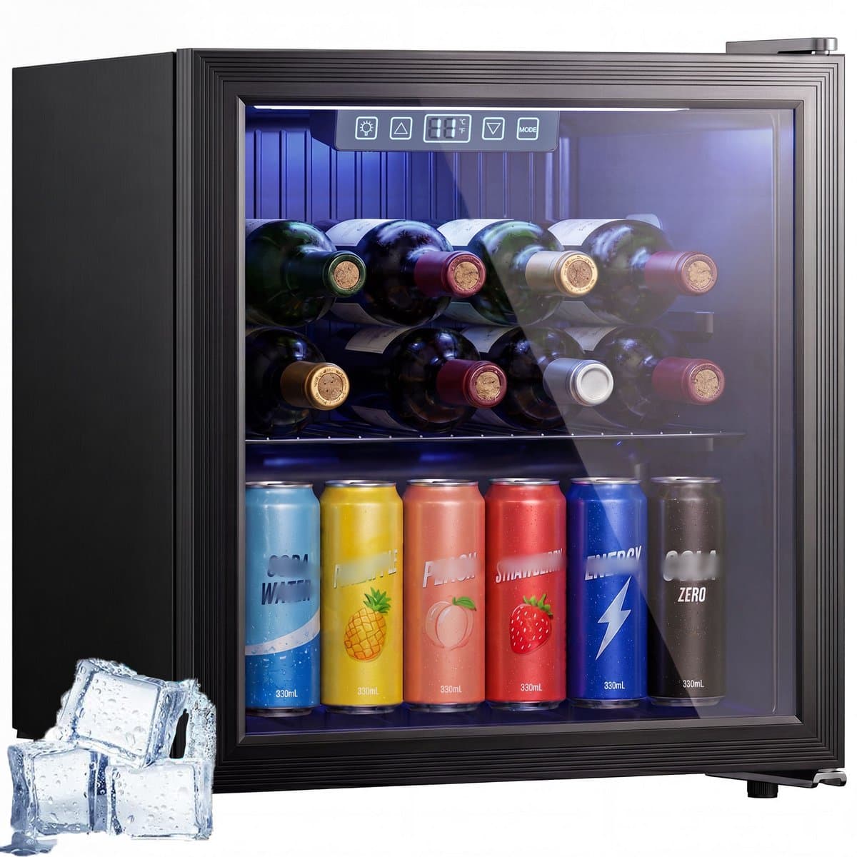 TEKROA® Vrijstaande Drankenkoelkast 50L met Glazen Deur - Mini Koelkast voor 48 Blikjes / Bier & Wijn - LED Verlichting & Verstelbare Planken - Zwart — afbeelding 1