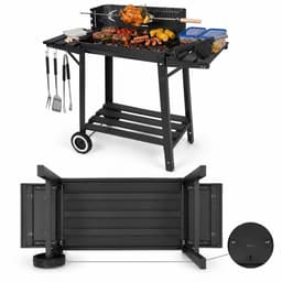 Barbecue Houtskool met Draaispit - Smoker BBQ met Warmhoudrek - Verstelbaar Kolenrooster - 49x29 cm Grilloppervlak - Zijplanken - Zwart — thumbnail 5